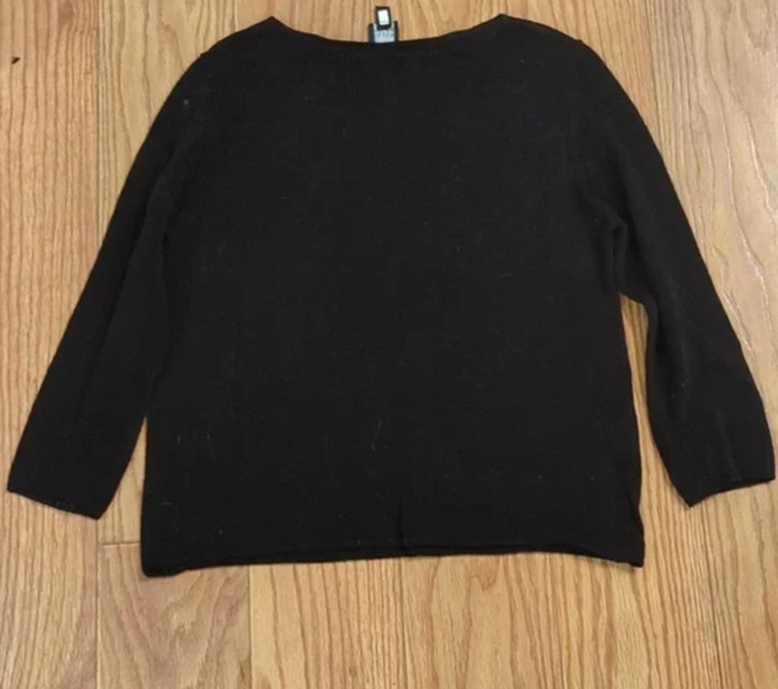 Eileen Fisher black sweater size L 3/4 sleeve 100% cotton loose knit scoop neck