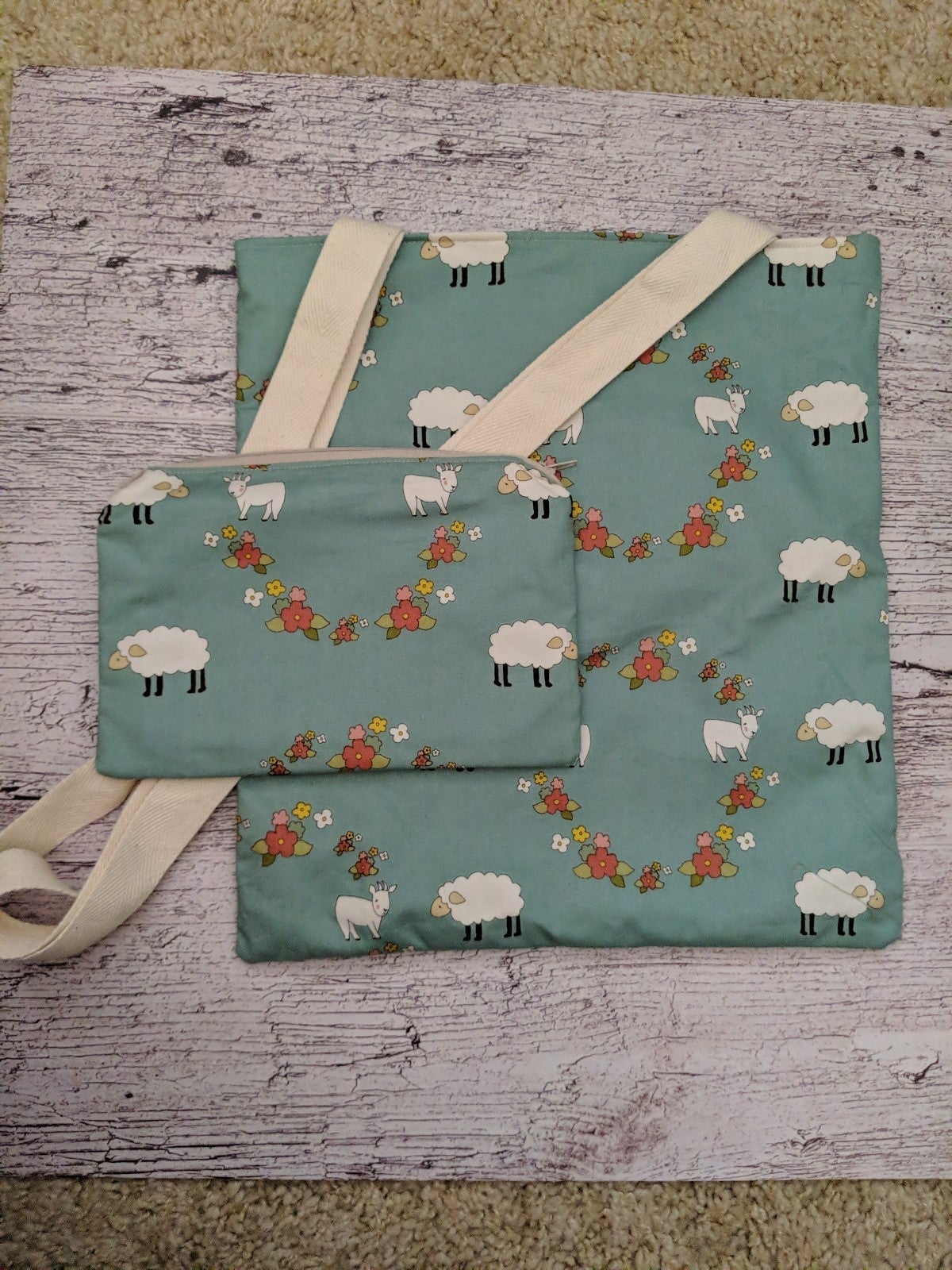 Sheep, goat, and flower print tote bag and pouch