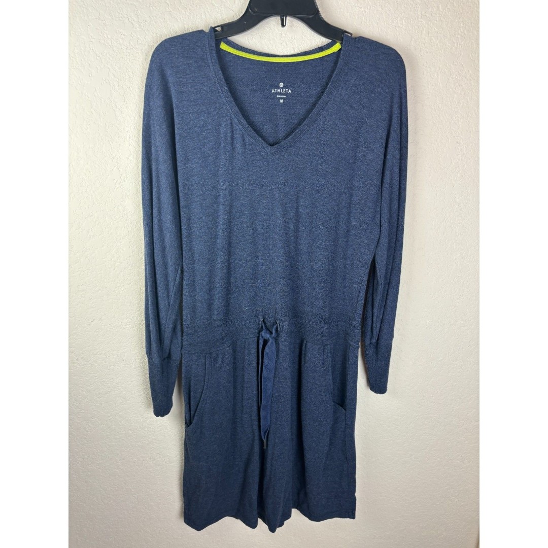 Athleta Blue Rayon Spandex V Neck Long Sleeve Pockets Jersey Dress Size Medium