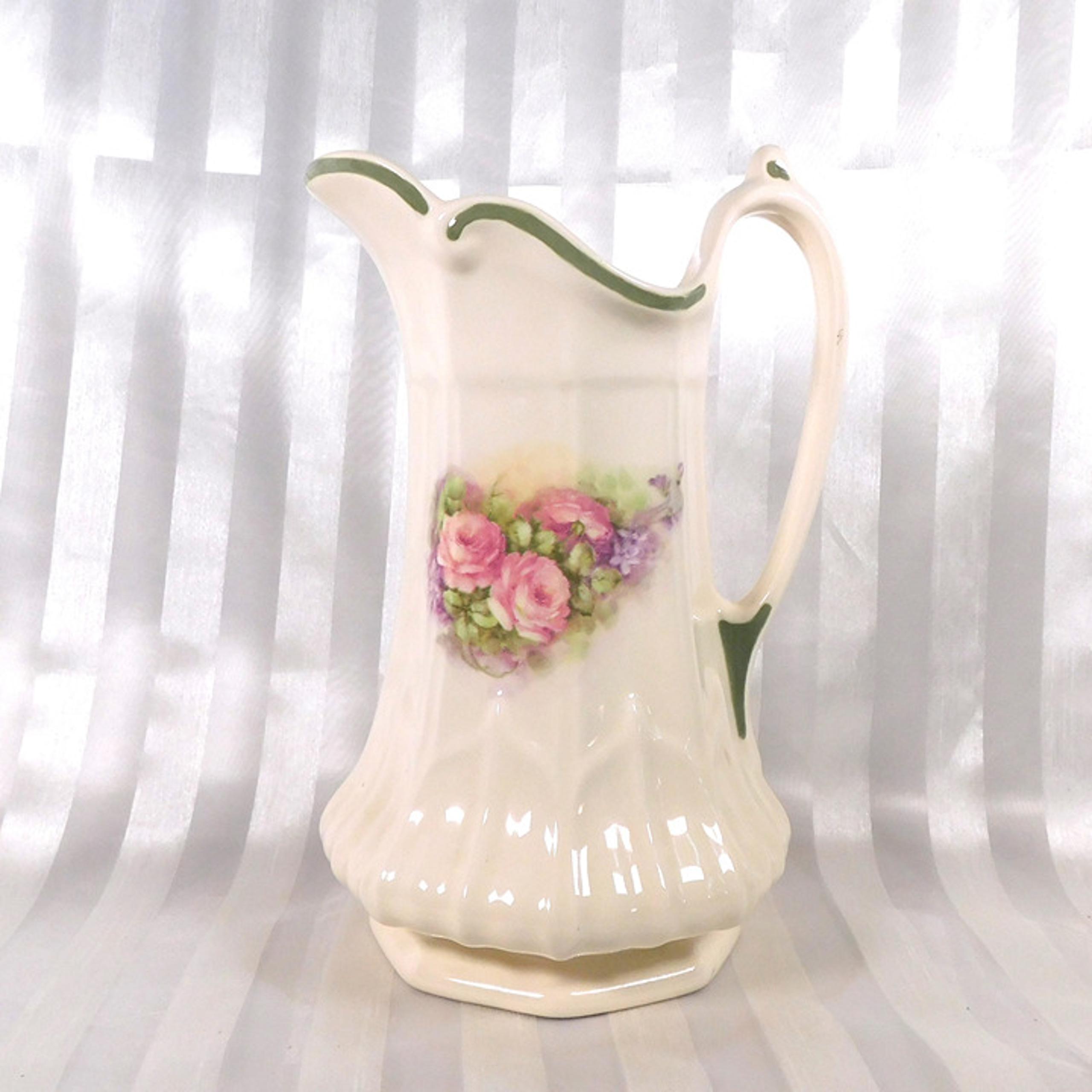 White Floral Pitcher with Green Trim by Sueramics # 26158