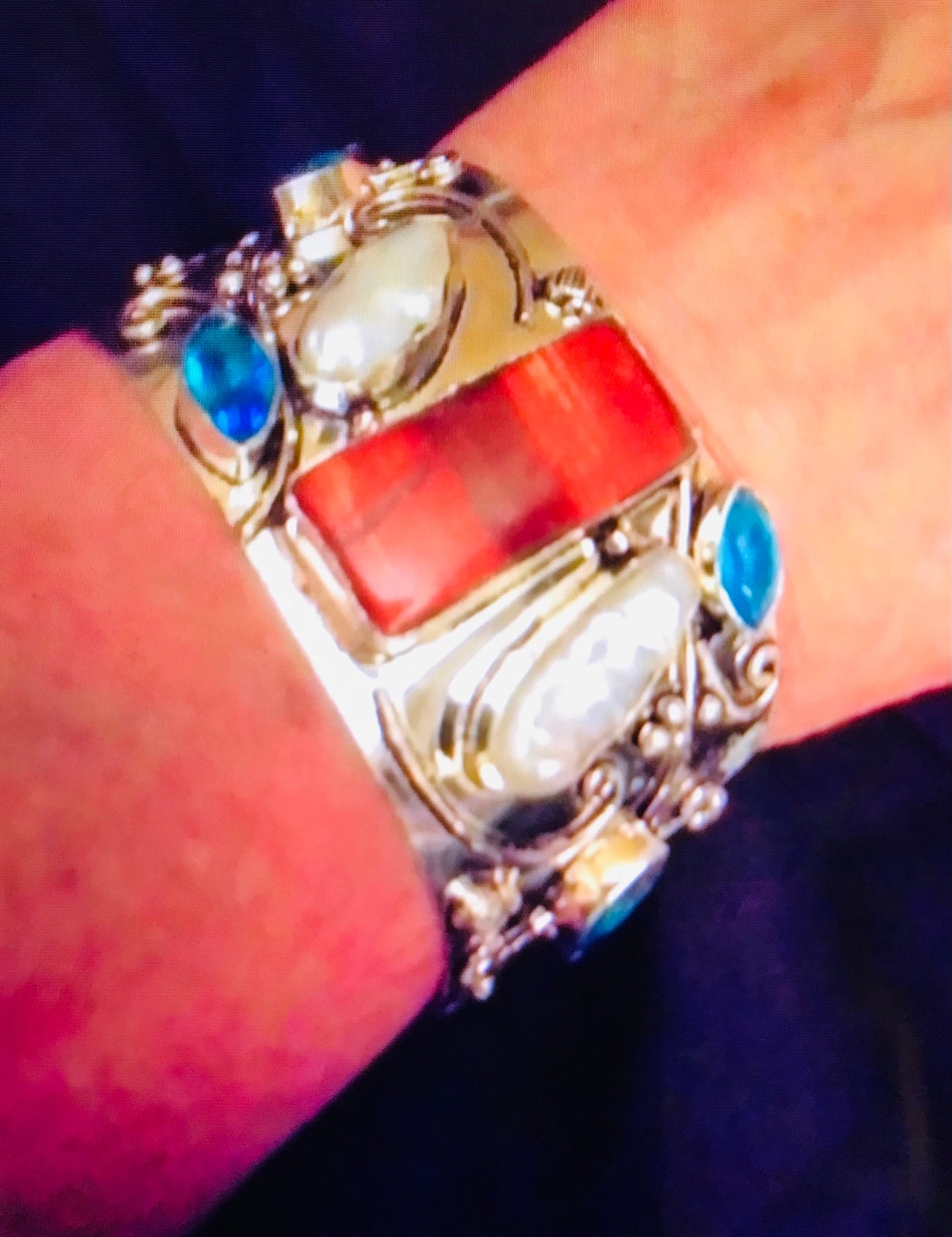 925 Sterling Silver Snake Skin Jasper Blue Topaz Cuff Bracelet