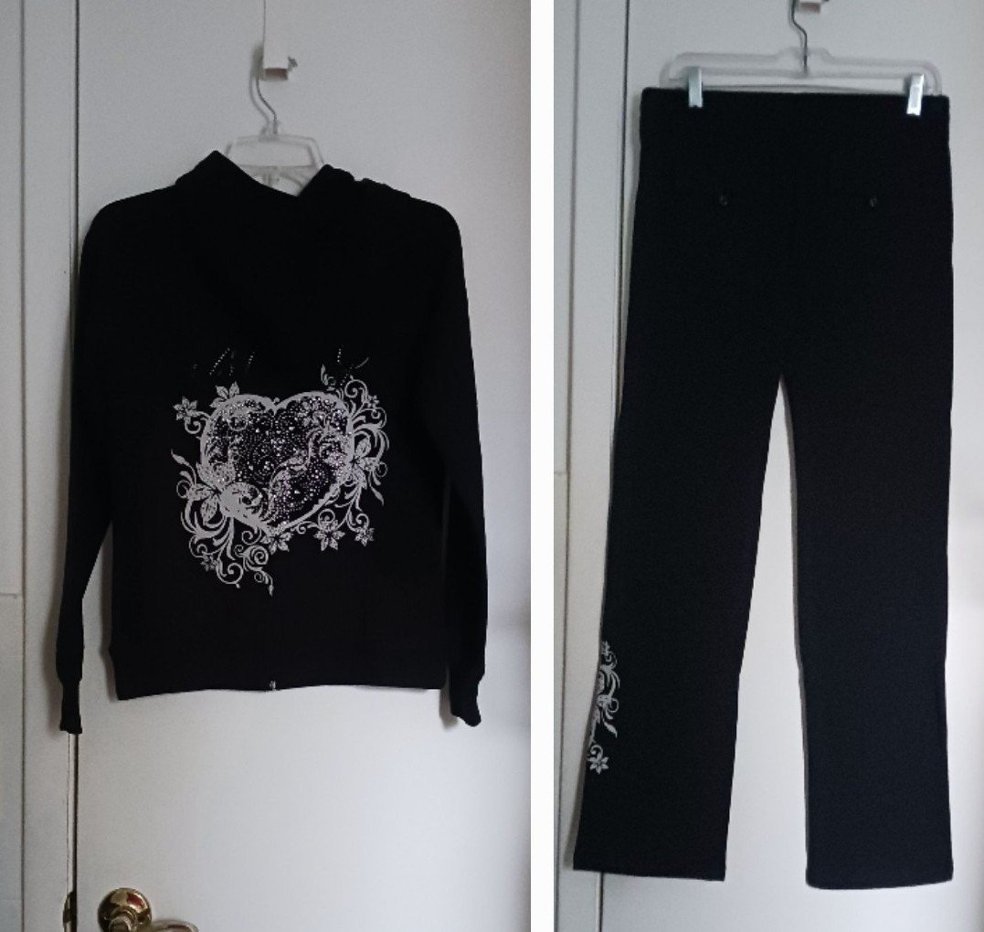 BCBG Maxazria Black With White Heart Full-Zip Hoodie & Pants Tracksuit Sz M