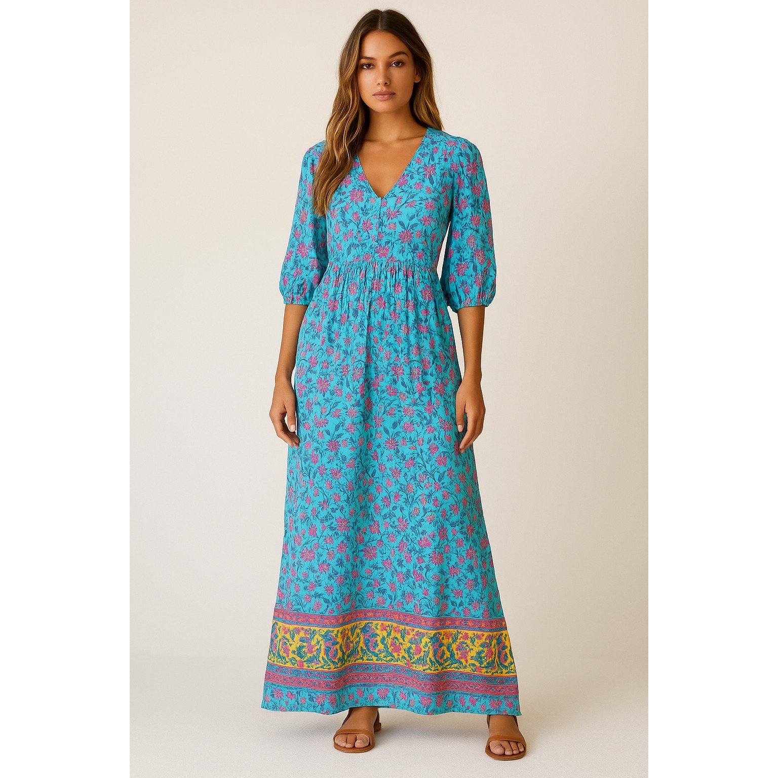 R Vivimos Dress Womens L Blue Tie Neck Balloon Sleeve Floral Cottagecore Boho