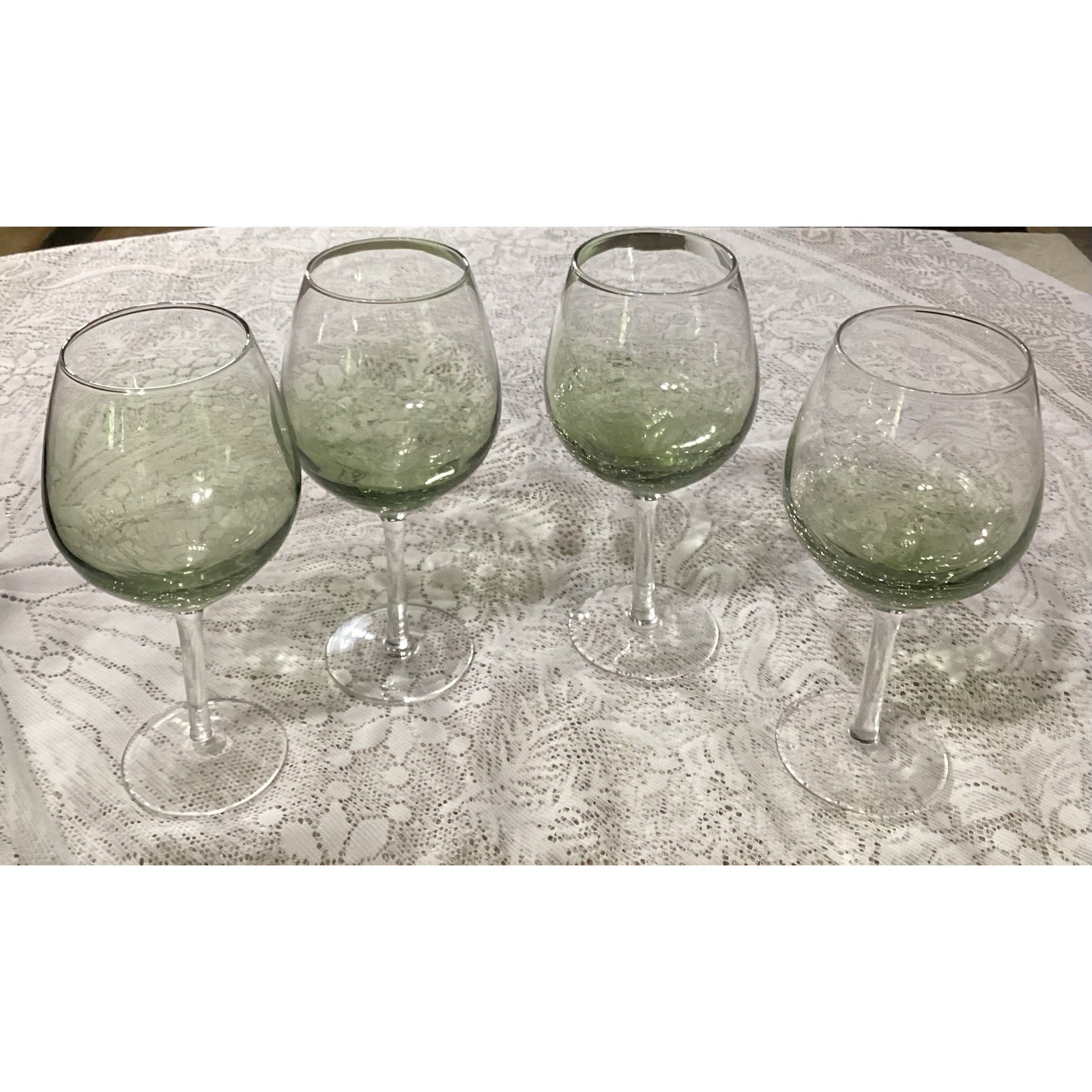 Set of 4 Pier 1 Olive Green Crackle Glass Wine Glasses ~ 9”