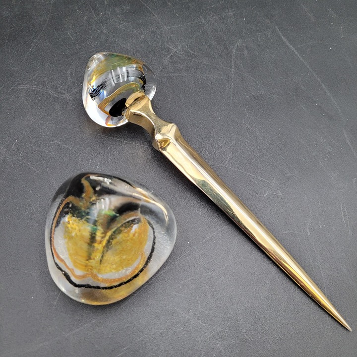 Caithness Scotland Art Glass Gold Letter Opener & Paperweight Desk Decor