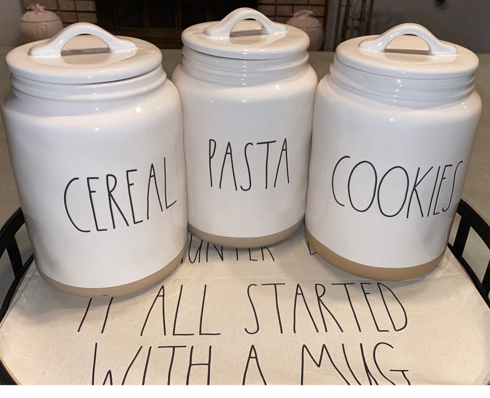 3 Rae Dunn White Canisters With Tan Ceramic Bottom