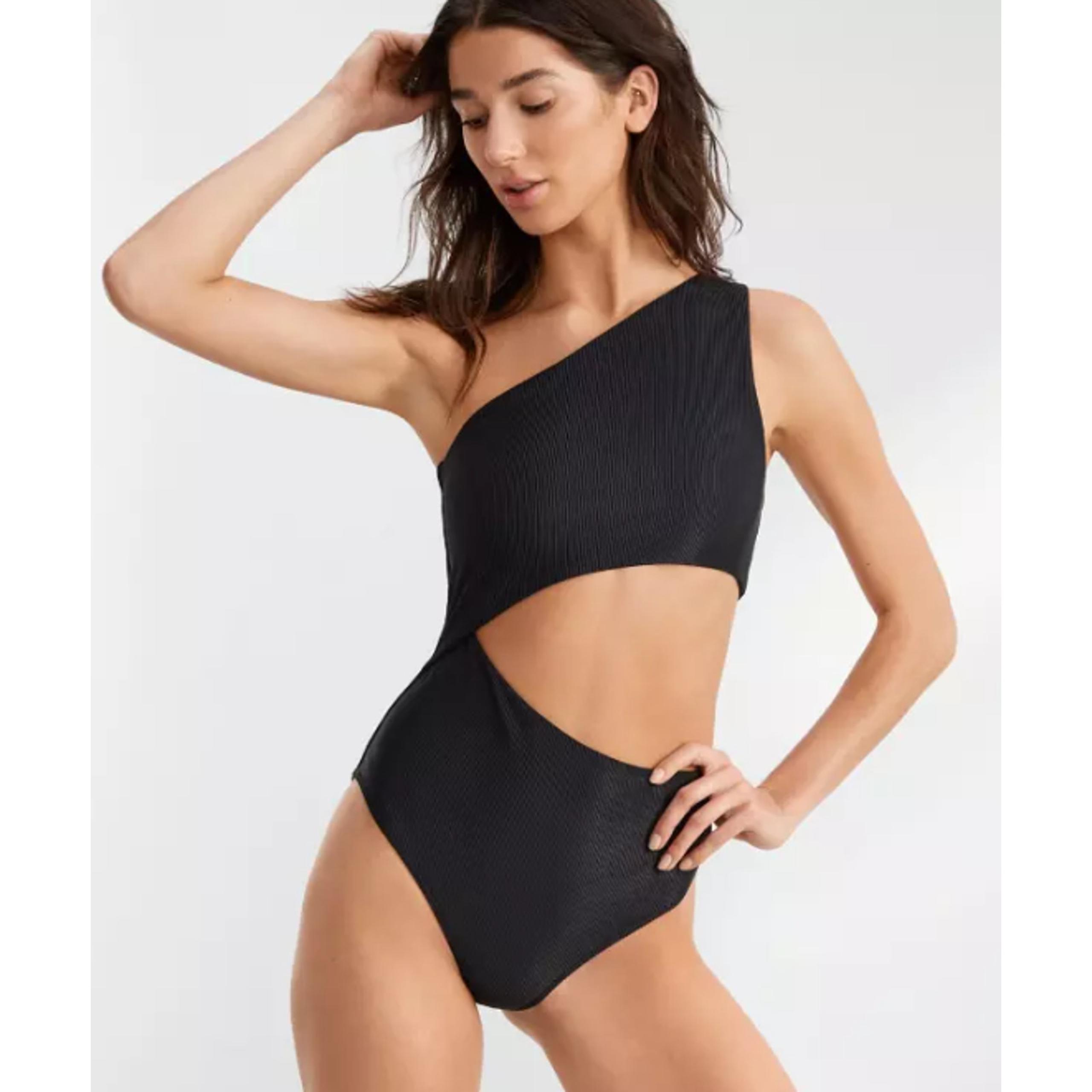 BEACH RIOT Celine One-Piece Swimsuit Small Black Cutout One-Shoulder NWT