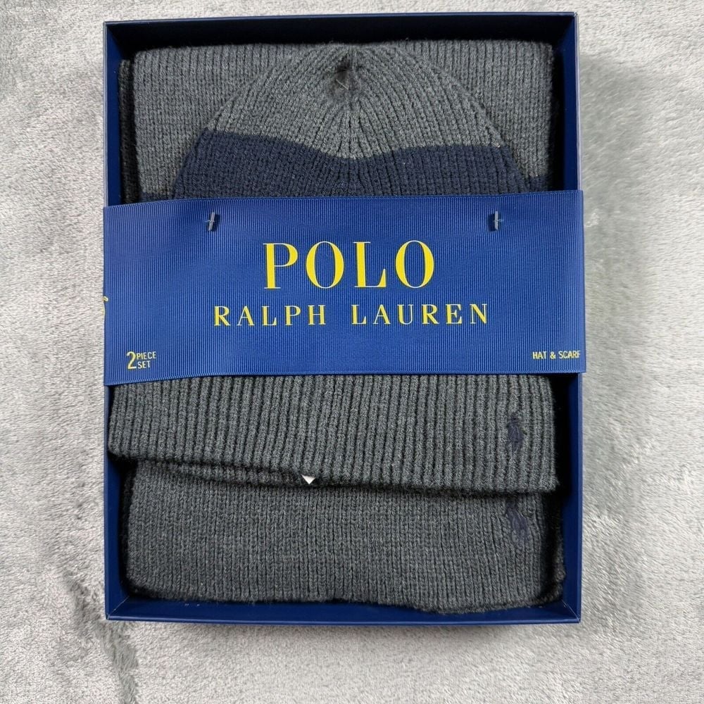 Polo Ralph Lauren Hat & Scarf Set Ribbed Knit Gray Black 2 Piece Set NWT