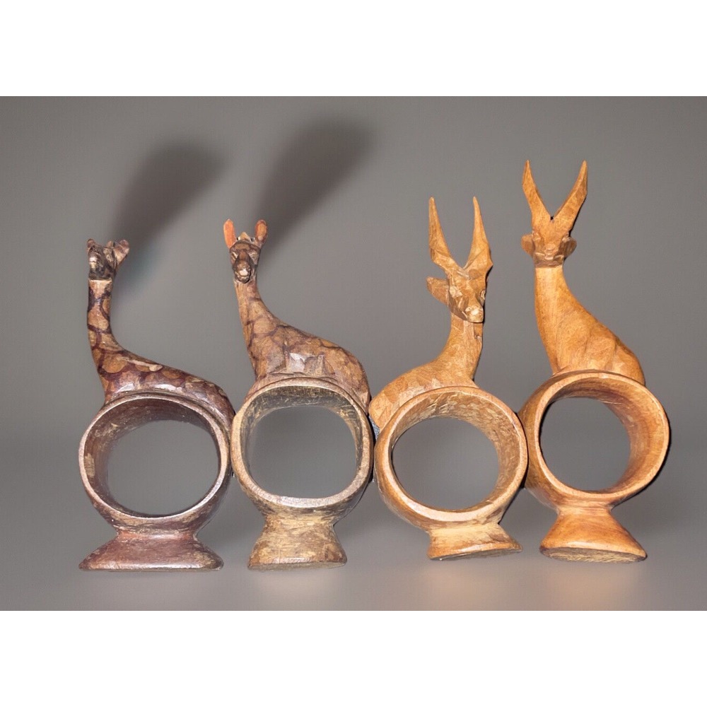 Hand Carved Wooden African Animal Napkin Ring Holders Vintage Set Of 4 Animals