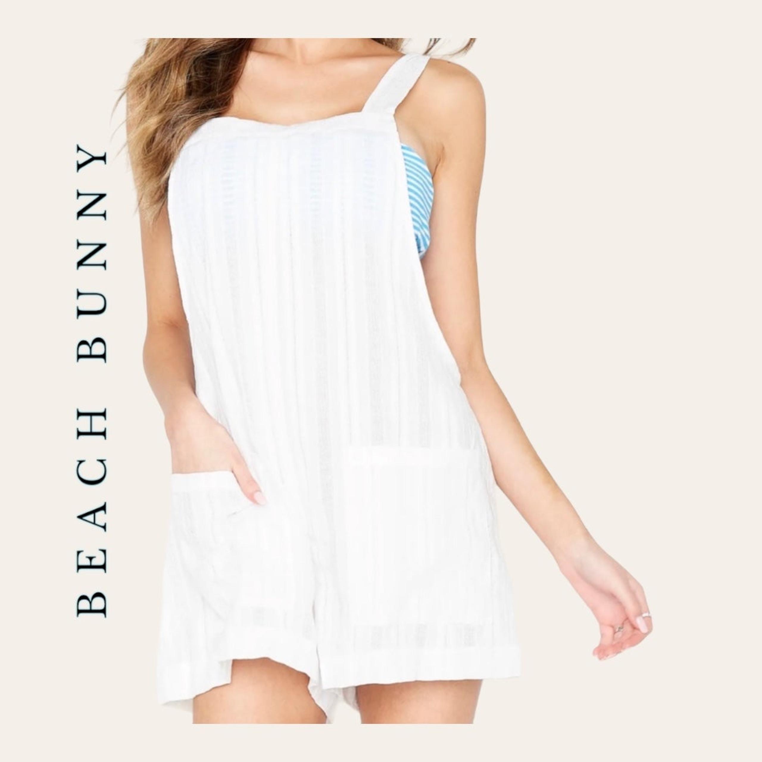 WOMEN’S BEACH BUNNY SWIMSUIT COVERUP OVERALLS ROMPER STYLE WHITE IN COLOR