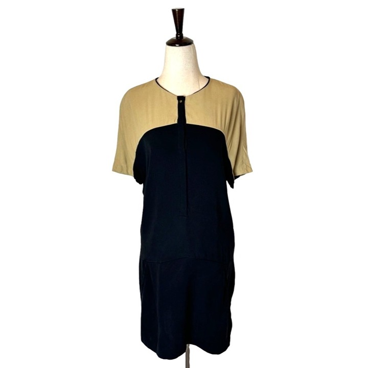 ALC Dress Women 8 Tan Black Silk Colorblock Short Sleeve Shift Mini Luxury