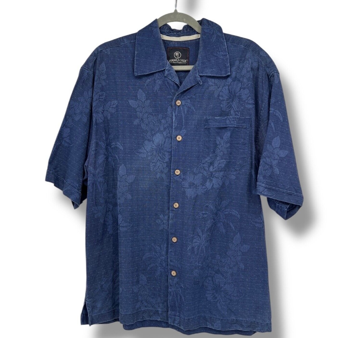 Jamaica Jaxx Men’s Silk Wood Button Hawaiian Floral Blue Short Sleeve Shirt L