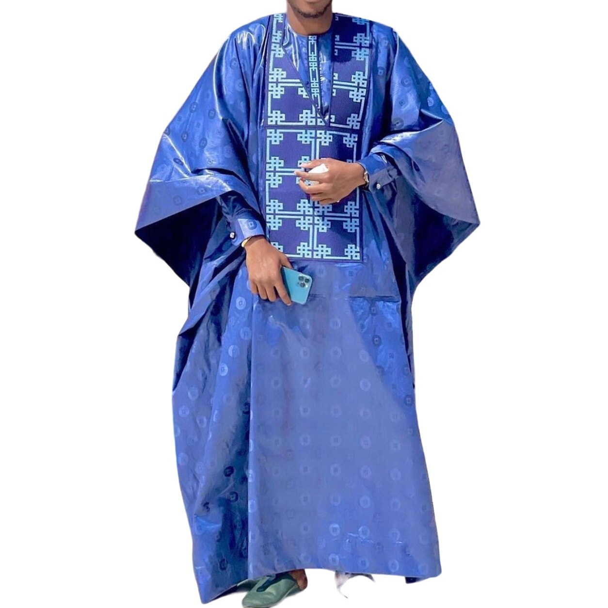 Tailor D’or Men's Traditional African Bazin/Getzner 3 Piece Blue Outfit, Size OS