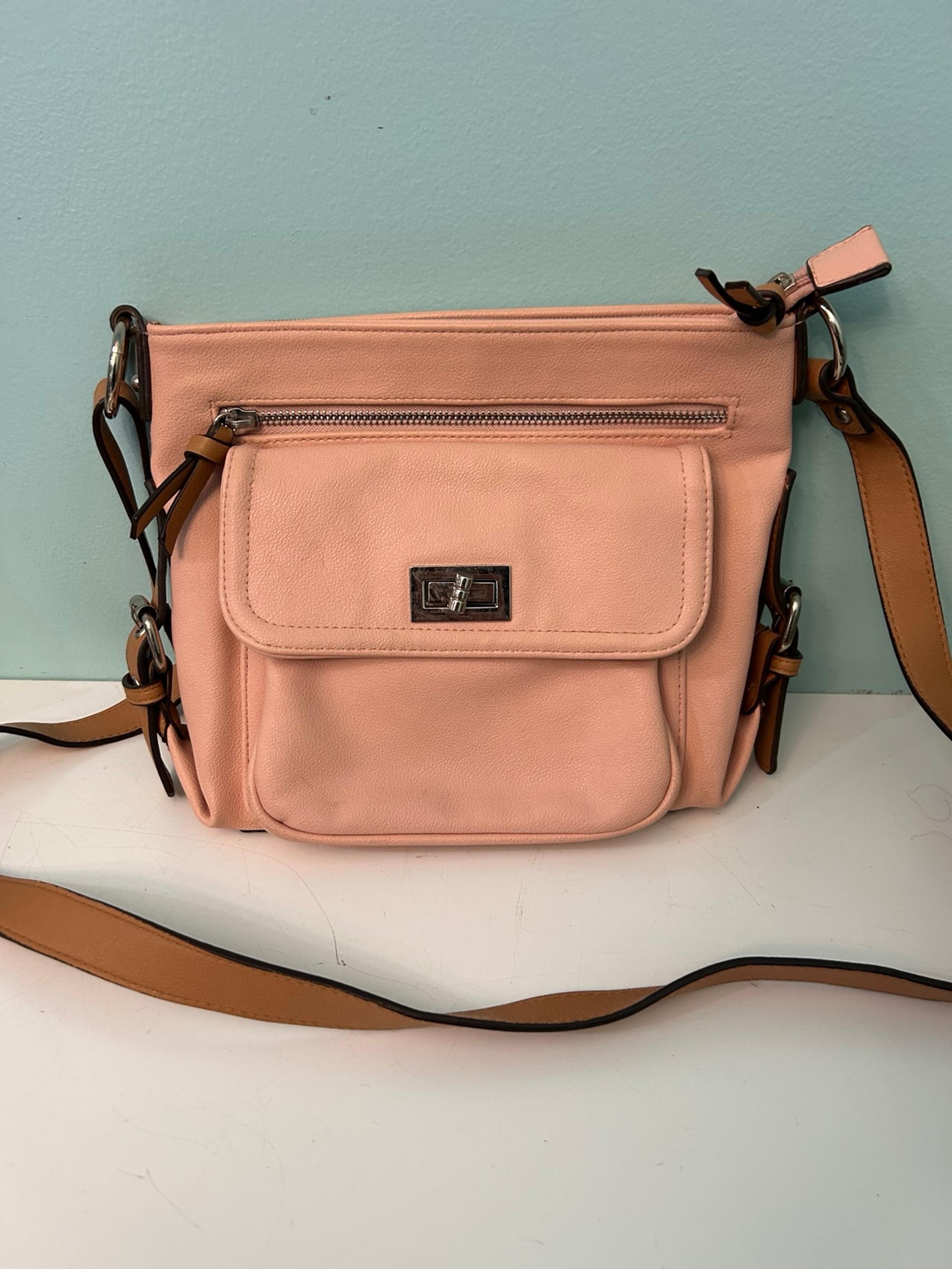 Jessica Simpson Pink Brown Faux Leather Crossbody Kiss Lock Zipper Purse Bag