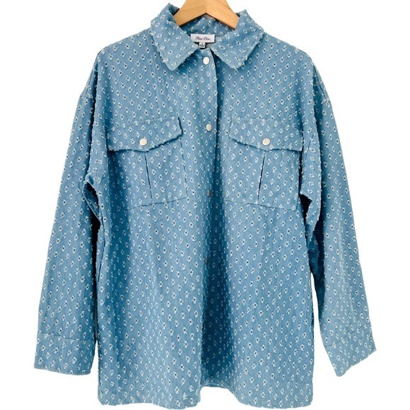 PETAL DEW Denim Button Down Shirt in Light Wash Blue Size S