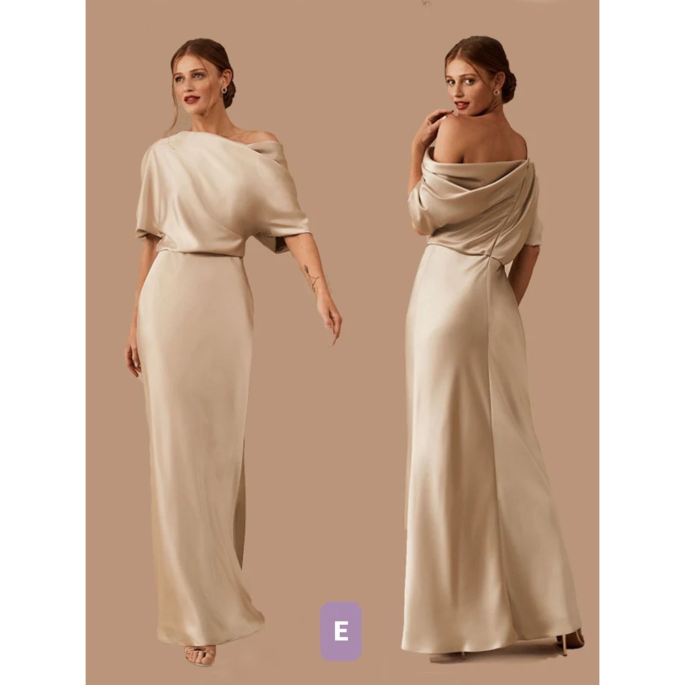 AMSALE NEW PRYCE OFF THE-SHOULDER SATIN COLUMM GOWN in CAMPAGNE Sz:14 Ret475