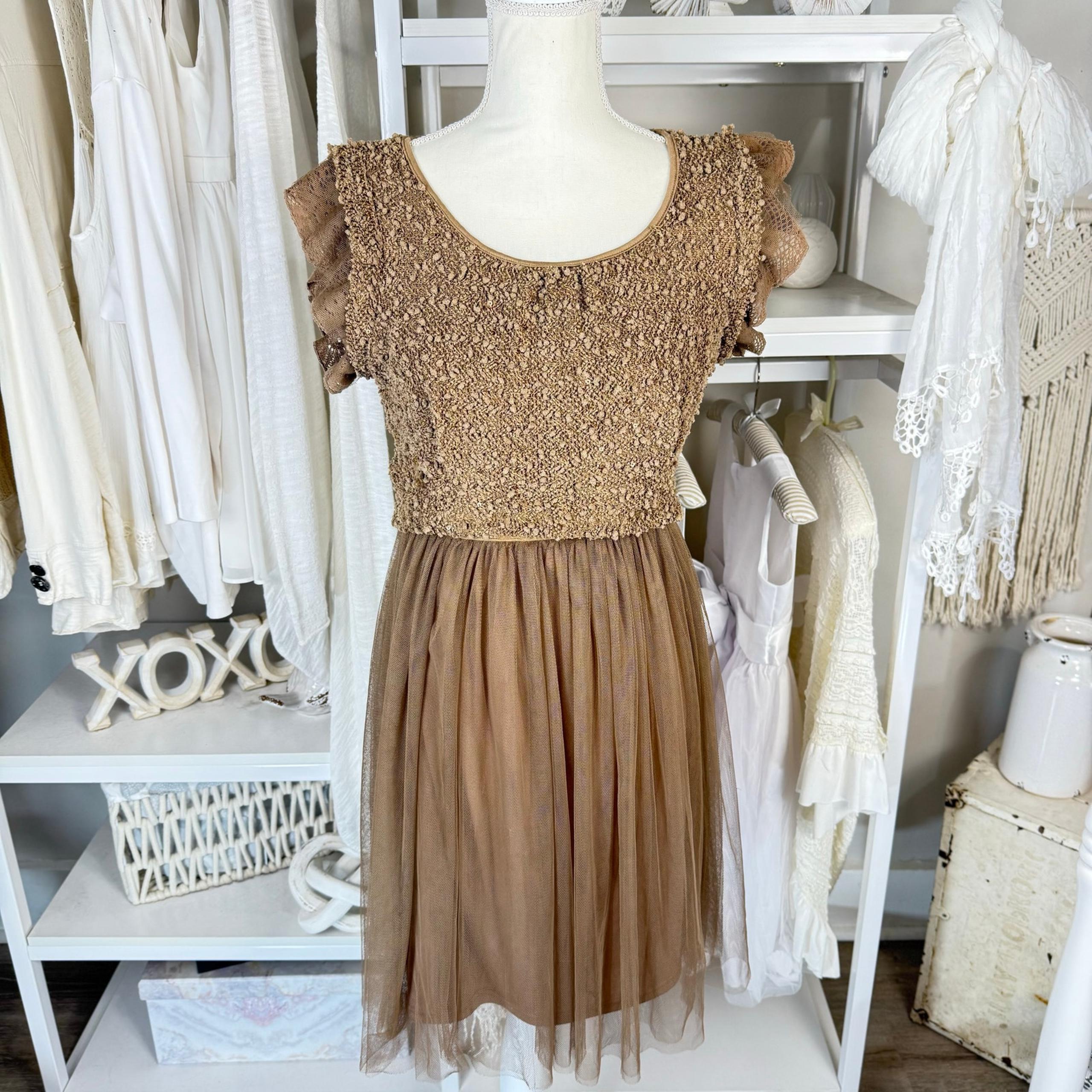 a’reve size small beige camel dress, popcorn top, flowy special occasion  #3977