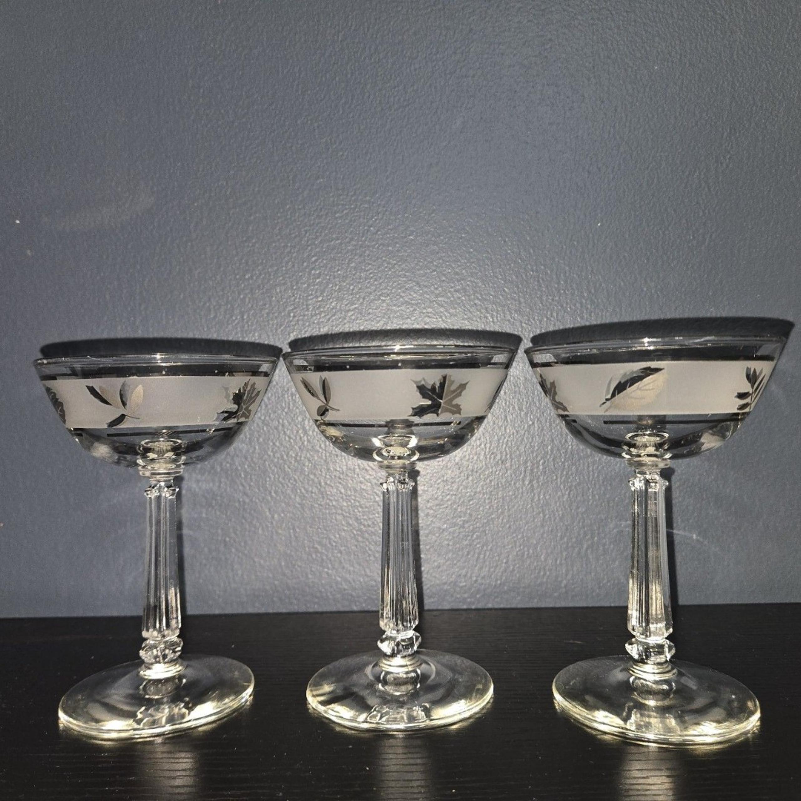Vintage Set of 3 Frosted Leaf and Platinum Rim 4OZ. Stem Glasses.