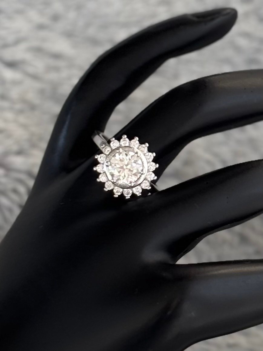 Moissanite Sunburst Halo Sterling Silver Ring