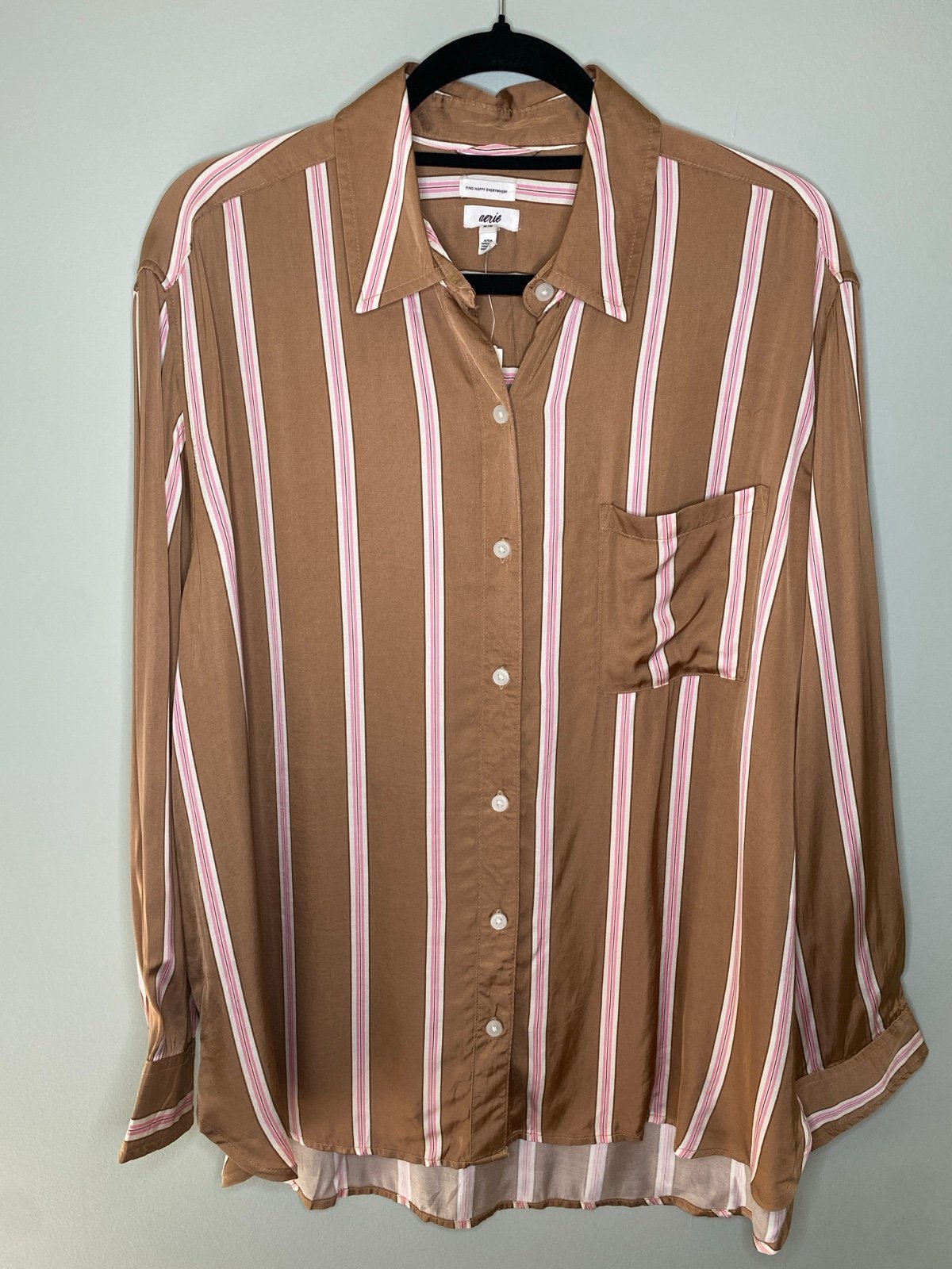 Aerie AE Satin PJ to Party Size Medium Long Sleeve Brown Pink Stripe Top