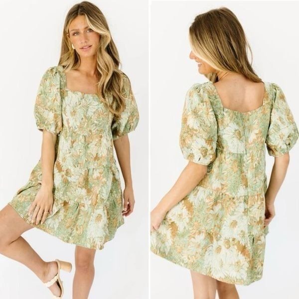 In Loom Cosmo Tiered Dress Sage Green Yellow Tapestry Floral L