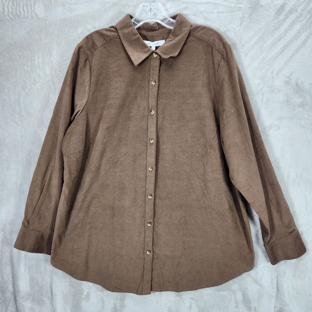Foxcroft Corduroy Button Down Shirt Long Sleeve Brown Cotton Blend Plus Size 18W