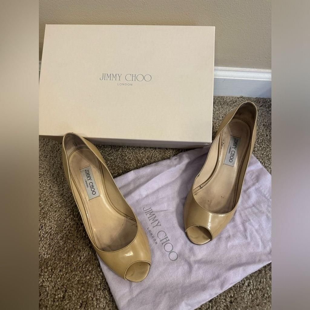 Jimmy Choo Nude Patent Isabel Peep Toe Pumps Size 38
