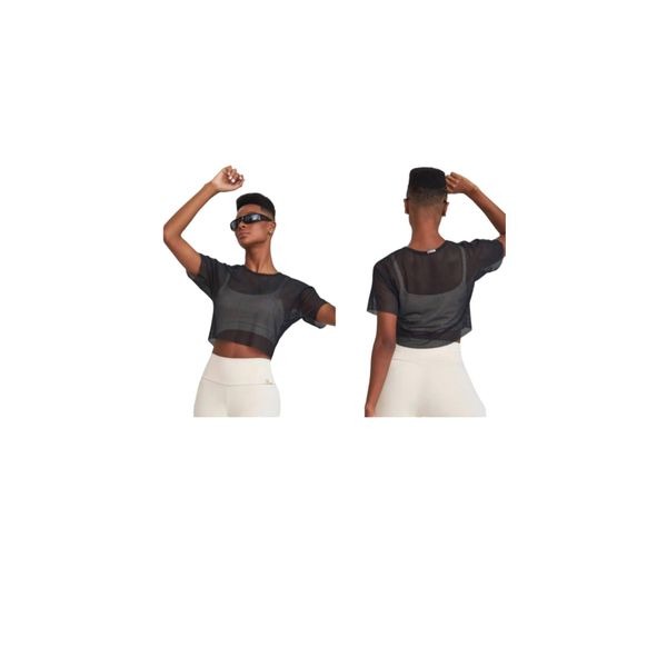 Cajubrasil Women's Fishnet Mesh Crop Tee Solid Black See Thru Workout Top New La