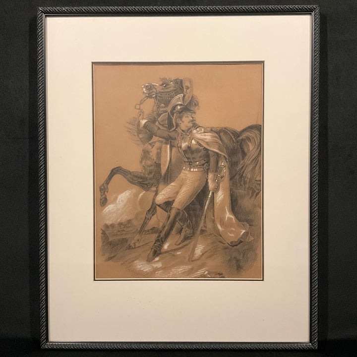 Antique Mixed Media Painting The Wounded Cuirassier After Théodore Géricault