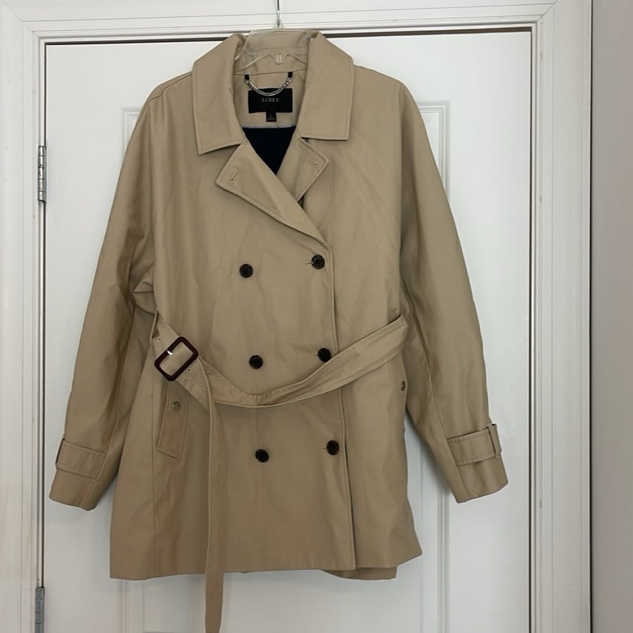 J. Crew Short Trench Coat in Vintage Khaki Size Large Preppy Classic Old Money