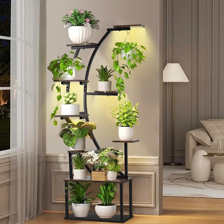 9-Tier Plant Stand w/ LED Grow Light Wooden Metal Indoor Plant Shelf Multilayer