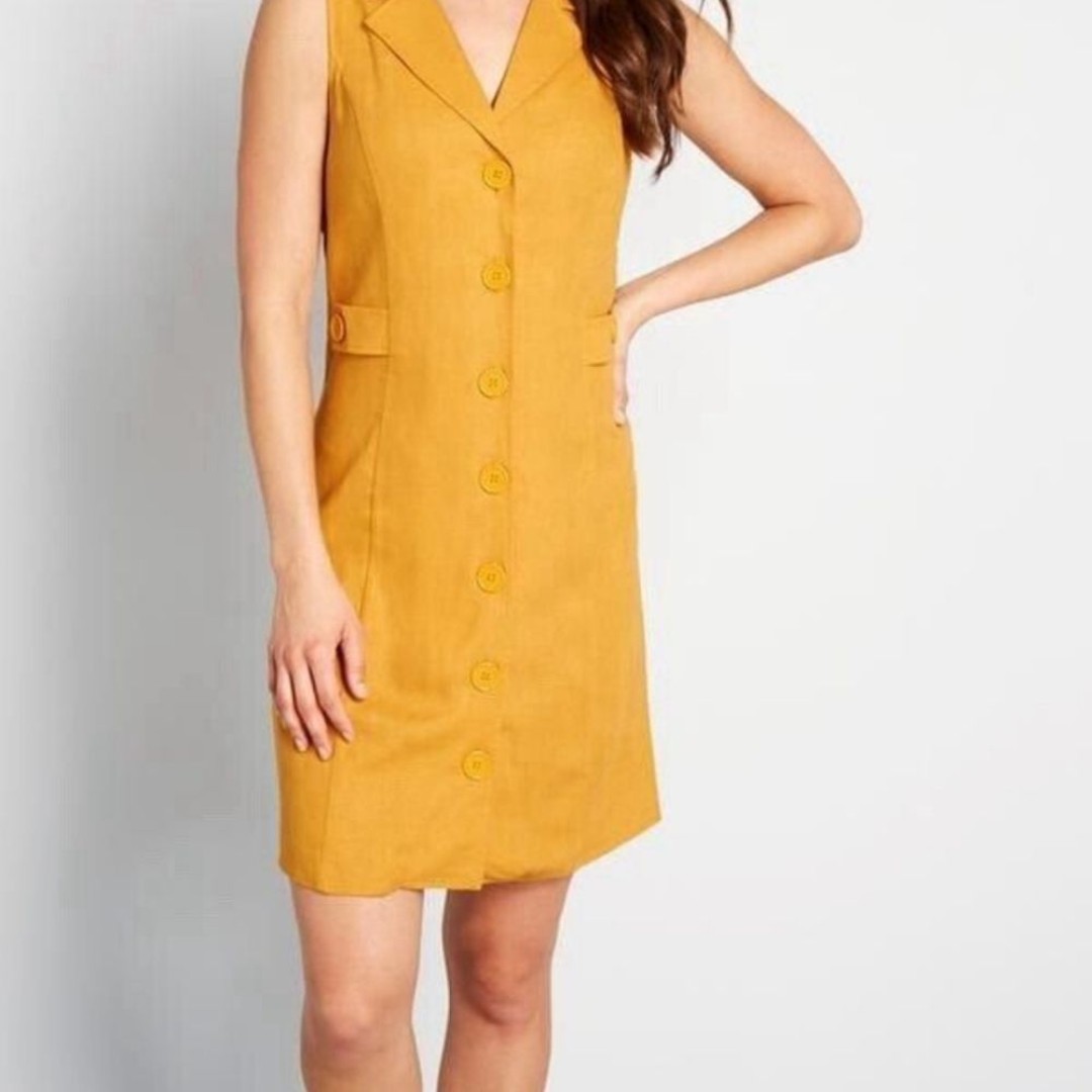 Modcloth Sleeveless Button-Down Shirt Dress Yellow Linen Blend Women's Size 16