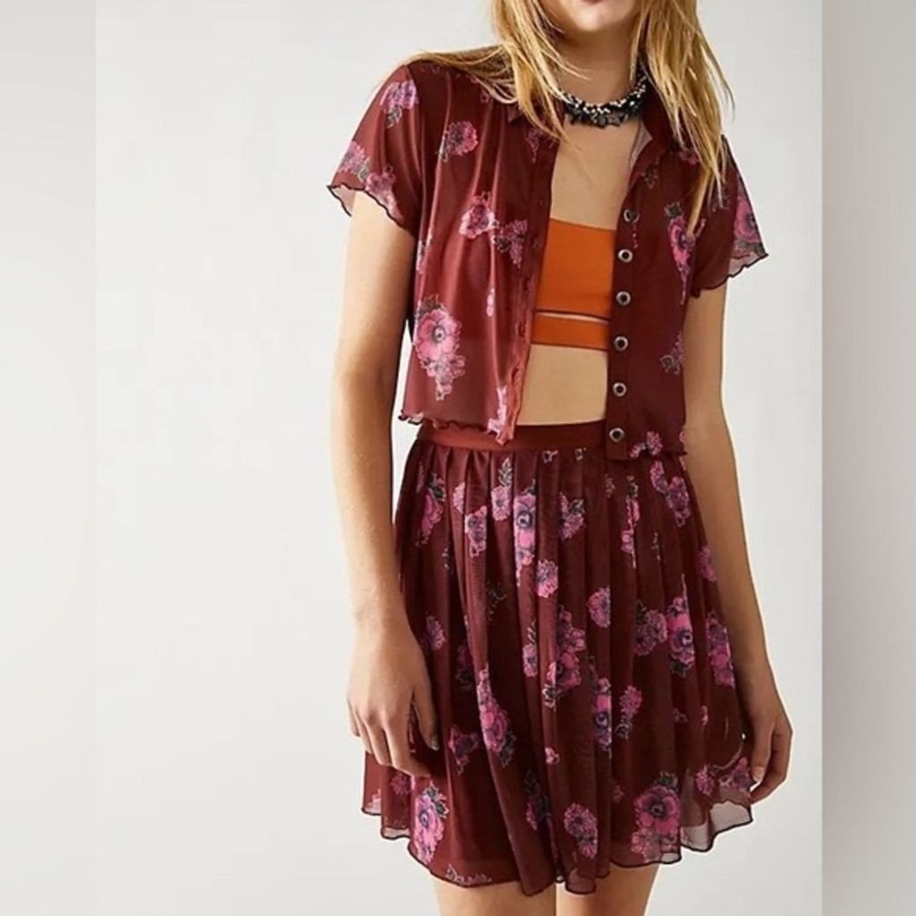 Free People Florence Mesh Floral Mini Skirt Set - Cocoa Combo, Size M NWOT
