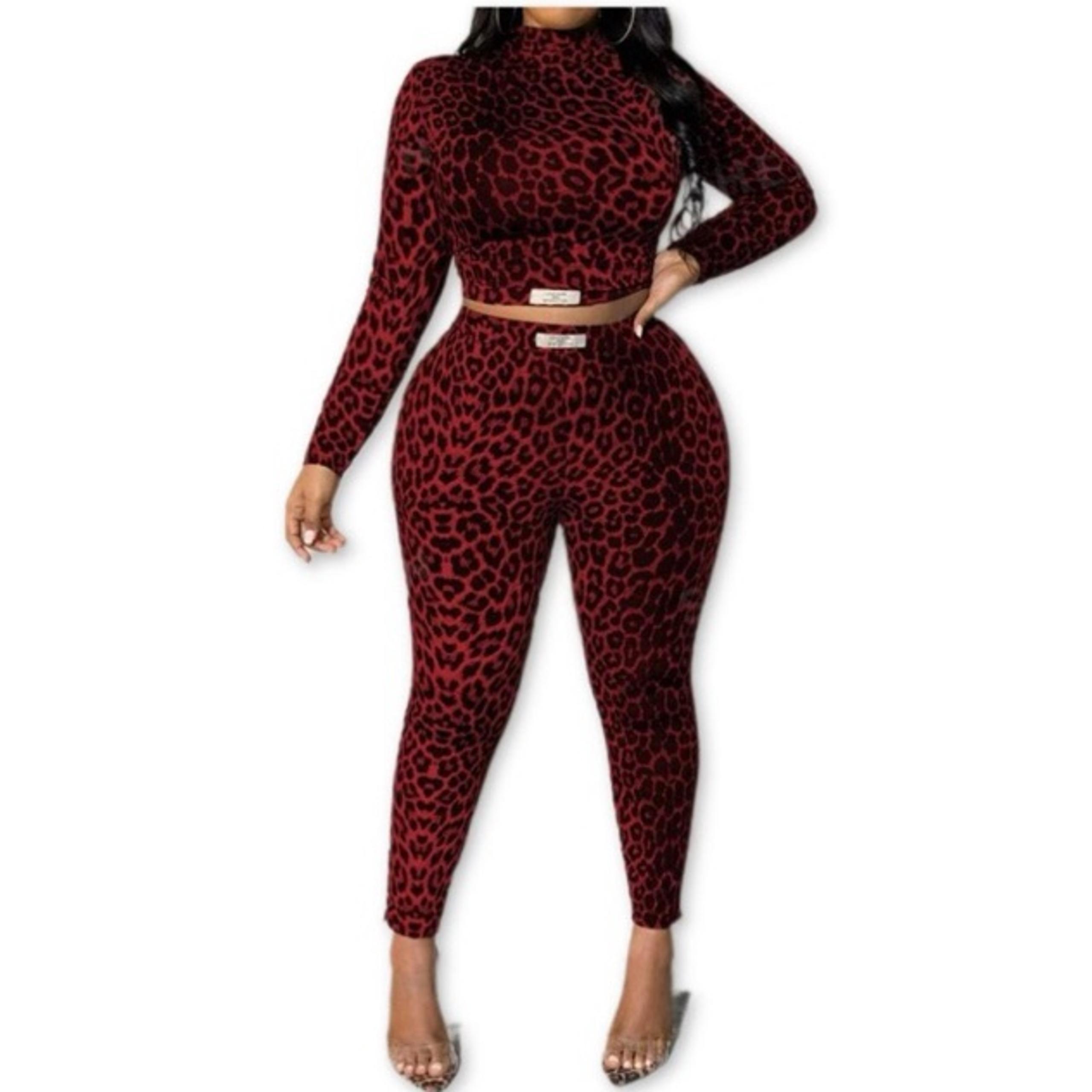Burgundy Leopard Leggings & Long Sleeve crop Top Set