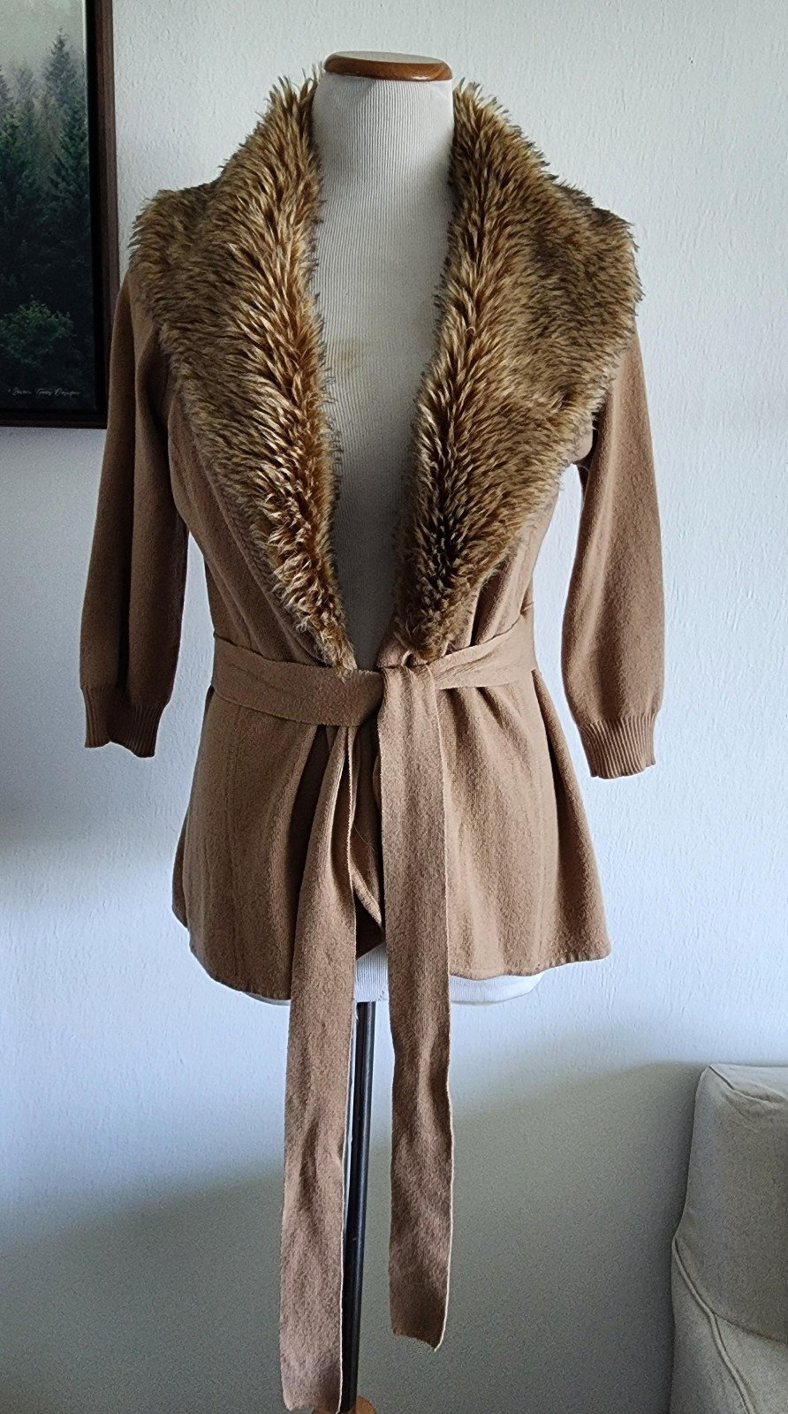 The Limited Women's Brown Faux Fur Collar Cardigan Sweater Size L
