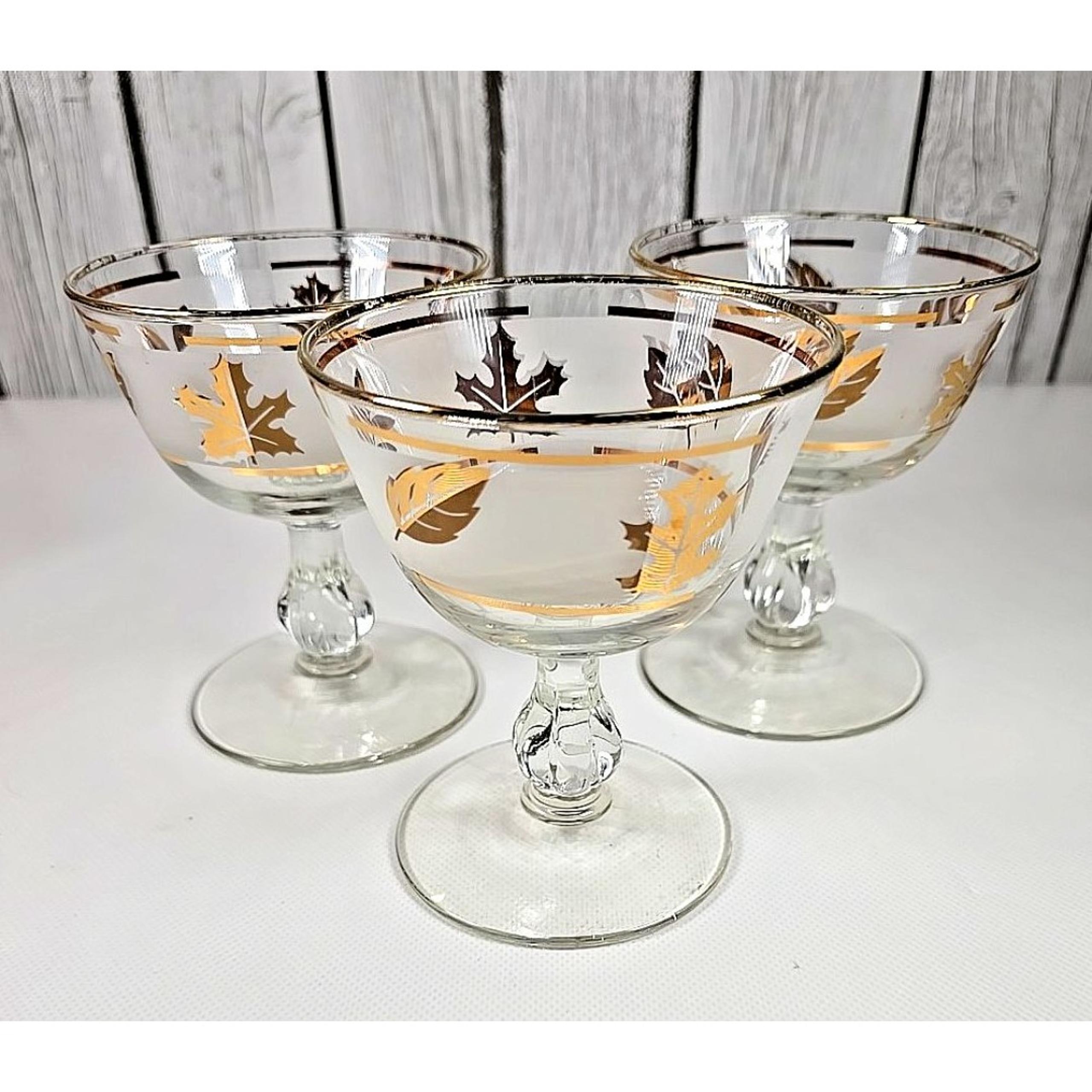 Gold Leaves Frosted Vintage Wine Foiled Oak Maple Leaf Libbey Stemware Glasses 3