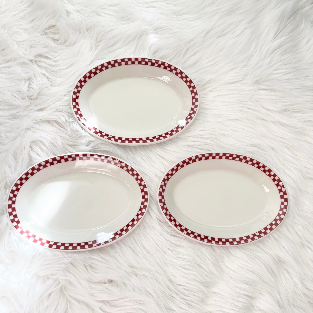Lot [3] Homer Laughlin China Checkers Red Maroon Oval Bread & Butter Plate
