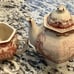 RARE English pink transferware teapot/cup 5.5x7.5”/castle/Lion shield marking
