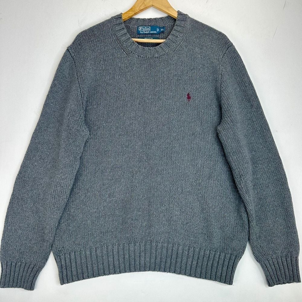 Polo Ralph Lauren Sweater Mens Gray Round Neck Long Sleeve Red Pony Cotton sz XL