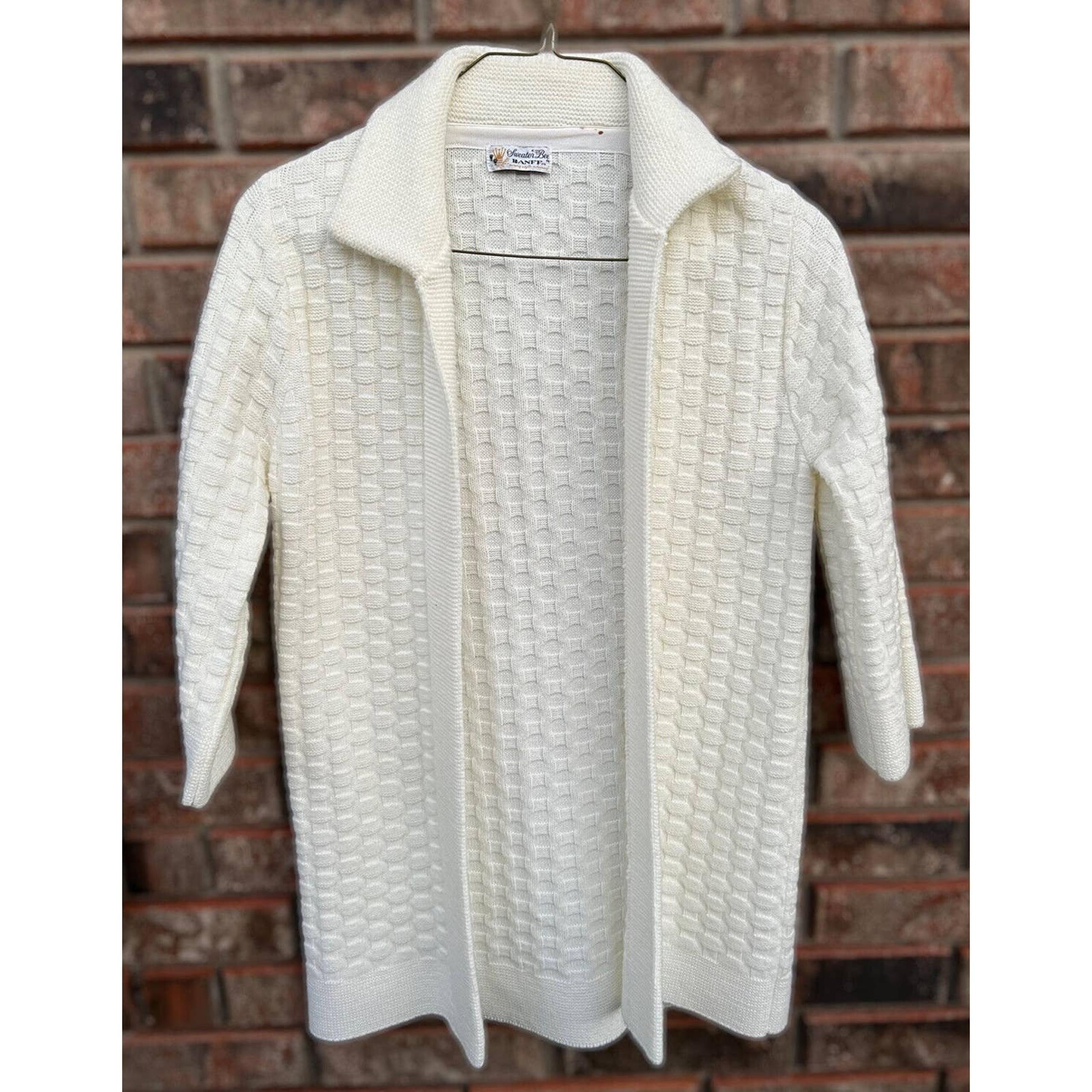 Vintage Womens Kimono Sweater Bee By Banff Ivory White Long Coat L 3/4 Sleeves
