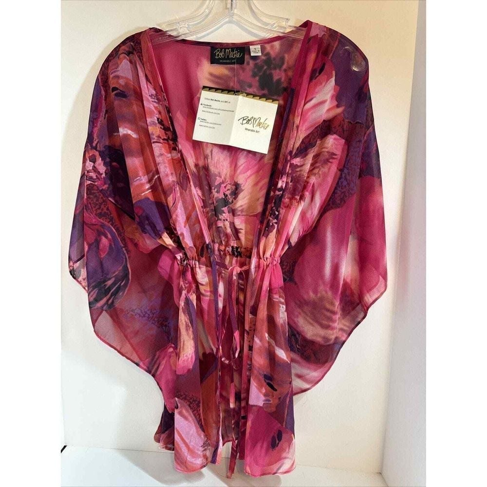 Bob Mackie Wearable Art Sheer Tie Front Elastic Waist Pink Purple Caftan Small