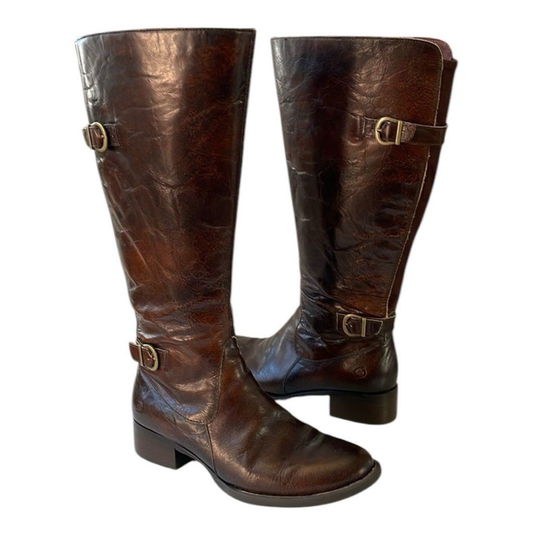 Born Gibb Size 8M Wide Calf knee high equestrian buckle brown leather boots.
