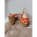 L.K. BENNETT Susie Orange Cork Patent Leather Designer Wedges Shoes Size 9.5