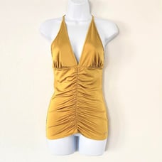 Marciano Women's Ruched Bodice Halter Strappy Back Sexy Top, Gold Size XS