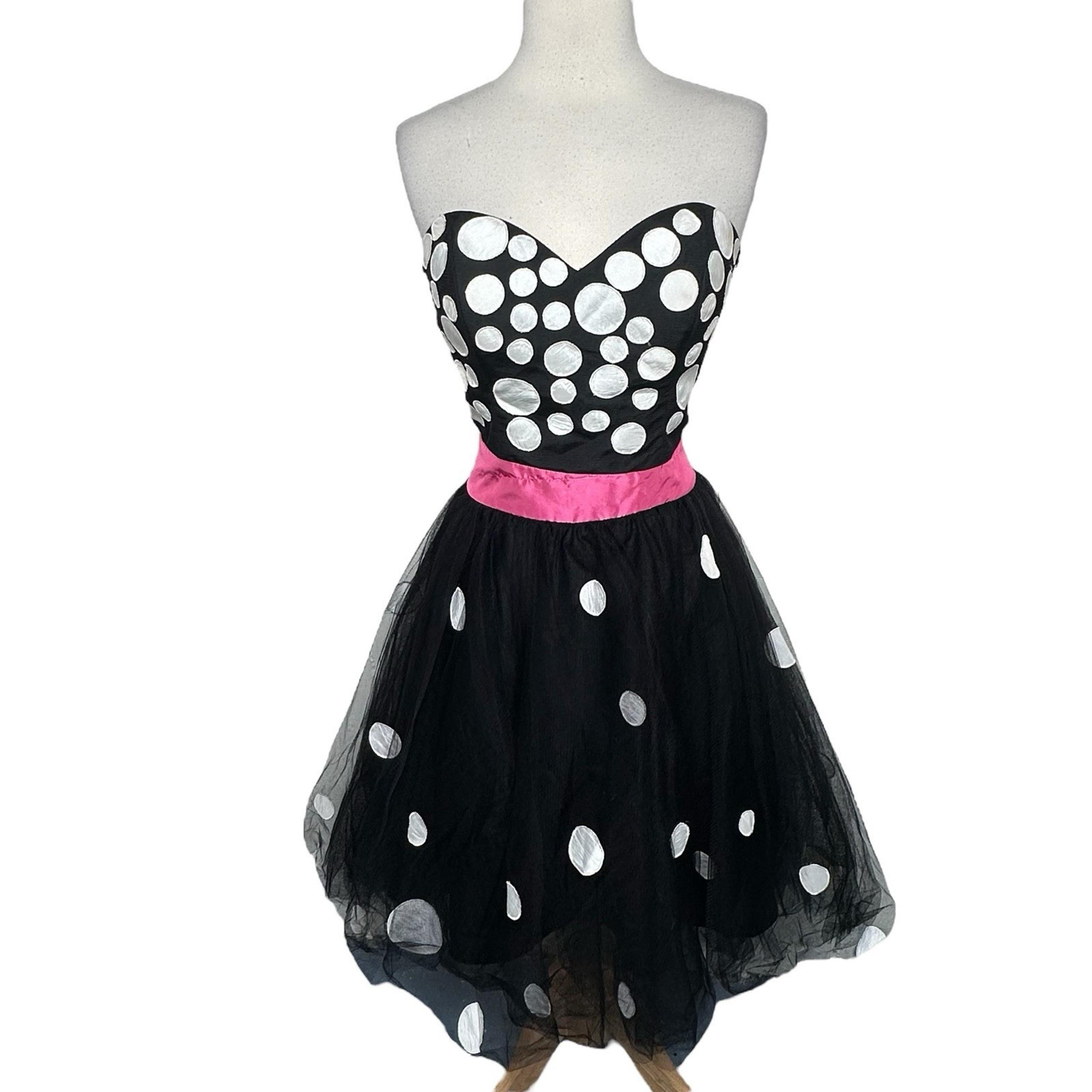 Jovani Sz 8 Black White Polka Cocktail Dress Tulle Skirt Strapless Vintage Y2K