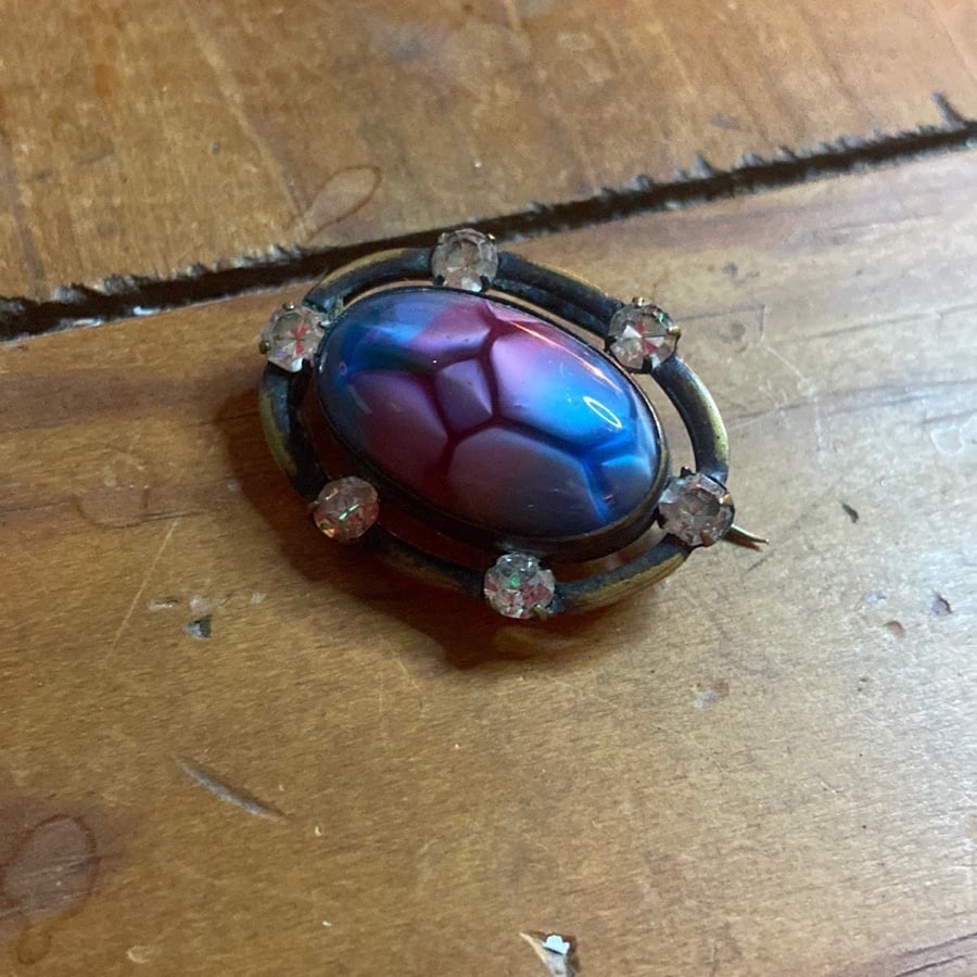Antique 1940s Brass Resin and faux diamond Pin