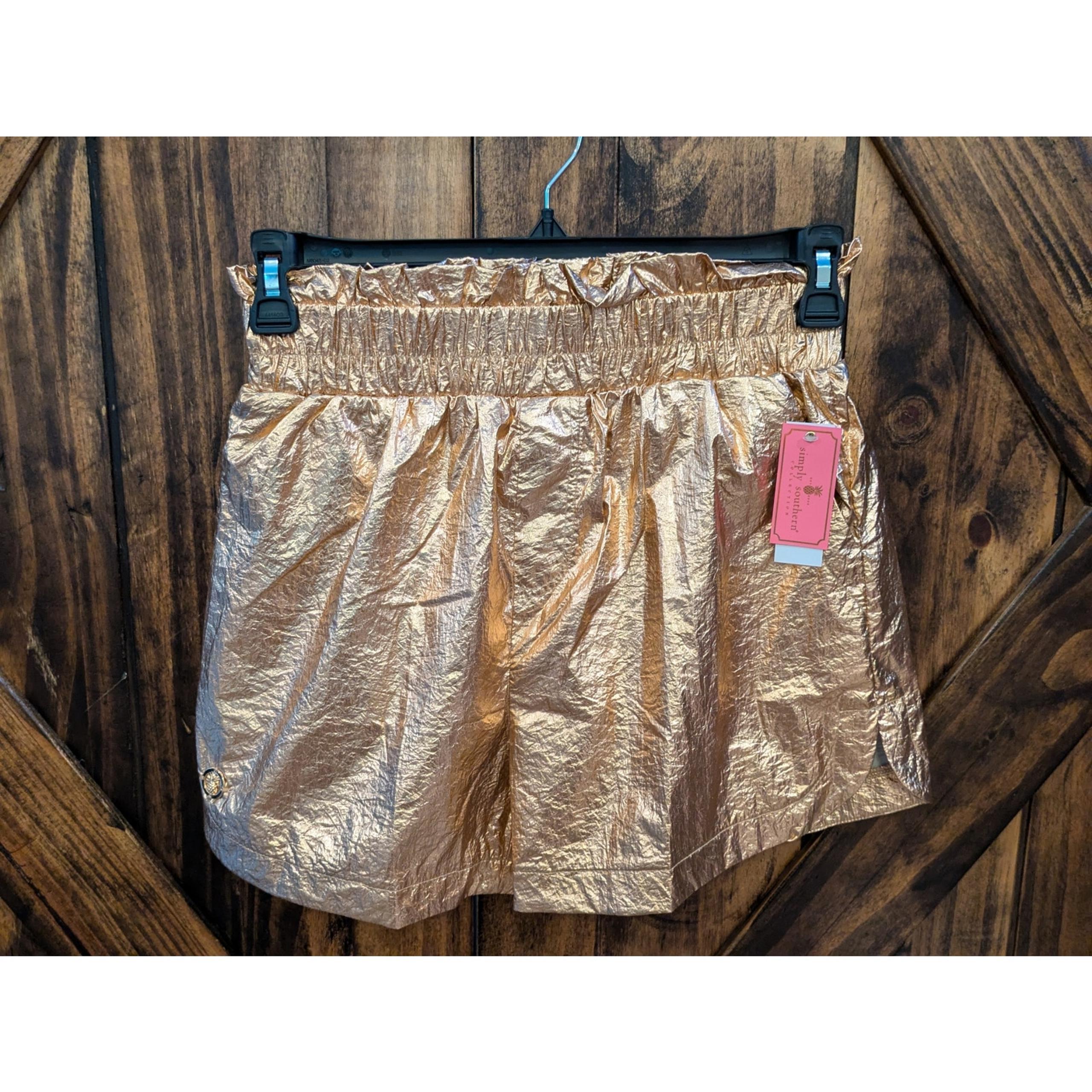 NWT Simply Southern Women's Pull on Gold Metallic Shorts Sz small