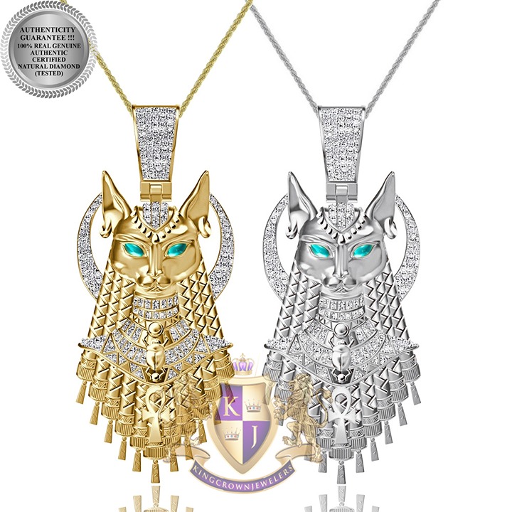 Real Diamond 0.80 Ct. Egyptian Bastet Cat Sekhmet Ankh Cross Charm Pendant Chain