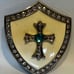 Belt Buckle Shield Shape White Enamel With Cross Design - Rhinestone Accents