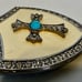 Belt Buckle Shield Shape White Enamel With Cross Design - Rhinestone Accents